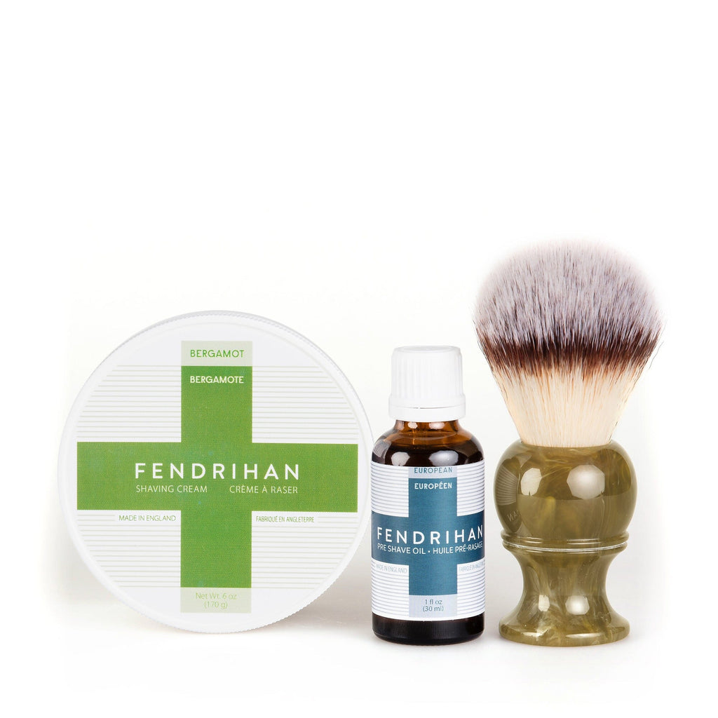 Fendrihan Pre-Shave Oil, Shaving Cream and Shaving Brush Set, Save $15 Shaving Kit Fendrihan Synthetic Silvertip - Faux Horn Resin Handle Bergamot Bergamot