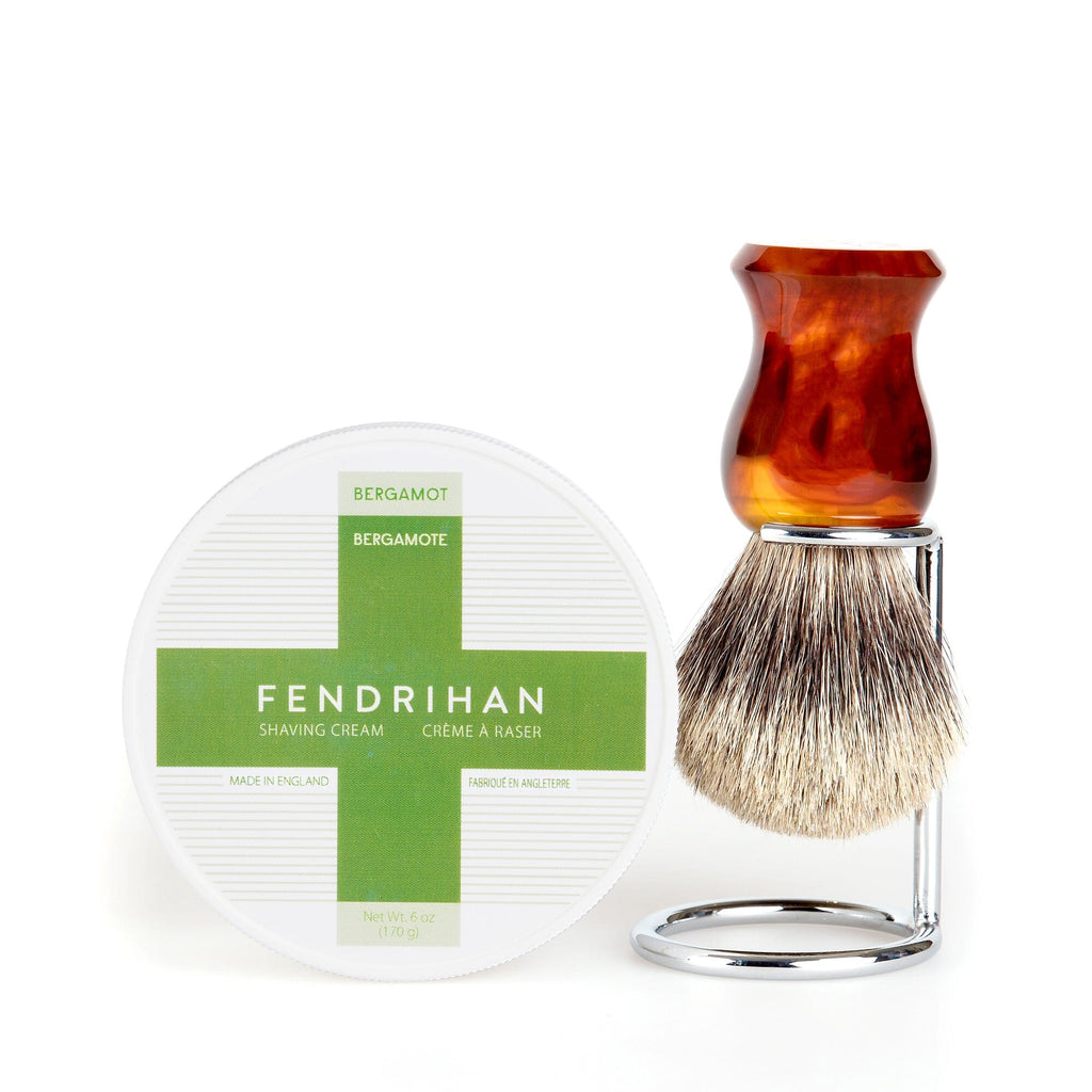 Fendrihan Shaving Cream and Fendrihan Shaving Brush Set, Save $10 Shaving Kit Fendrihan Pure Grey Badger - Faux Amber Handle Bergamot 