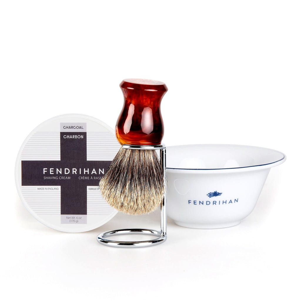 Fendrihan Shaving Cream, Porcelain Shaving Bowl and Shaving Brush Set, Save $15 Shaving Set Fendrihan Pure Grey Badger - Faux Amber Handle Charcoal Dark Blue